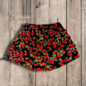 Red Rose Black Paper Bag Waist Tie Shorts - Medium